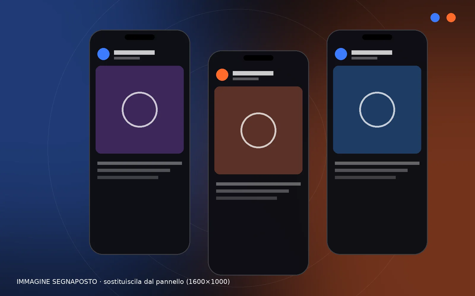 Tre smartphone con profili social, su sfondo scuro